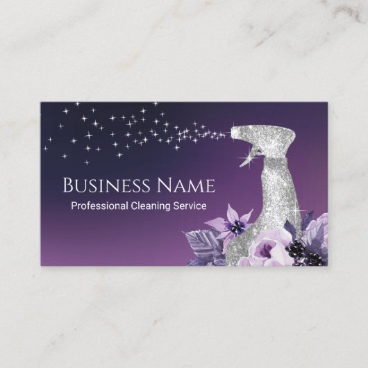 House Cleaning Modern Silver Spray Paarse Floral Visitekaartje (Voorkant)