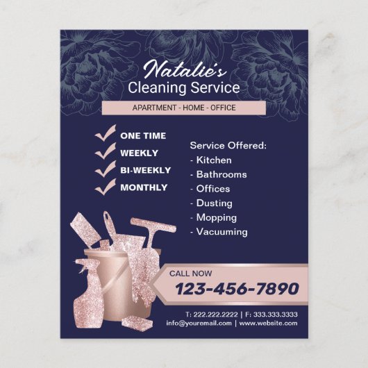 House Cleaning Roos Gold Housekeeping Navy Floral Flyer (Voorkant)