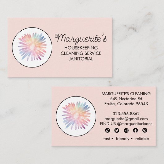 House Cleaning Service Daisy Logo Social Icons Visitekaartje (Voorkant / Achterkant)