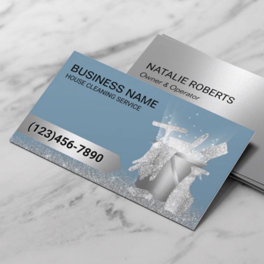 House Cleaning Service Dusty Blue Silver Glitter Visitekaartje