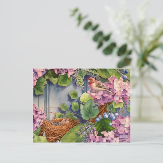 House Finch Pair Nest in Wreated Waterverf Art Briefkaart (Staand voorkant)