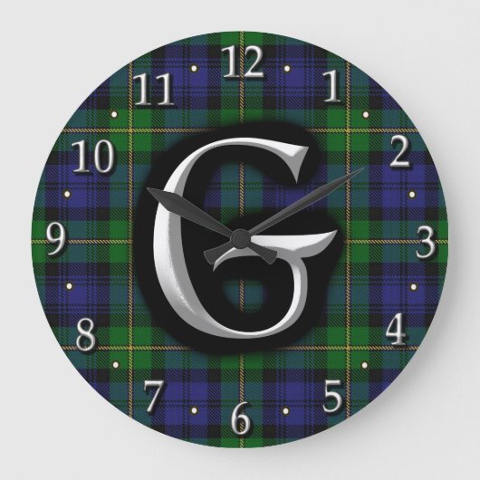 House of Gordon Letter G Monogram Clan Tartan Grote Klok (Voorkant)