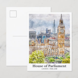 House of Parliament Londen Waterverf Hand getekend Briefkaart
