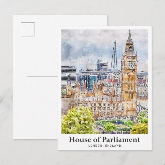 House of Parliament Londen Waterverf Hand getekend Briefkaart (Voorkant / Achterkant)