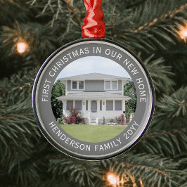 House Photo First Xmas New Home Name & Year Grey Metalen Ornament