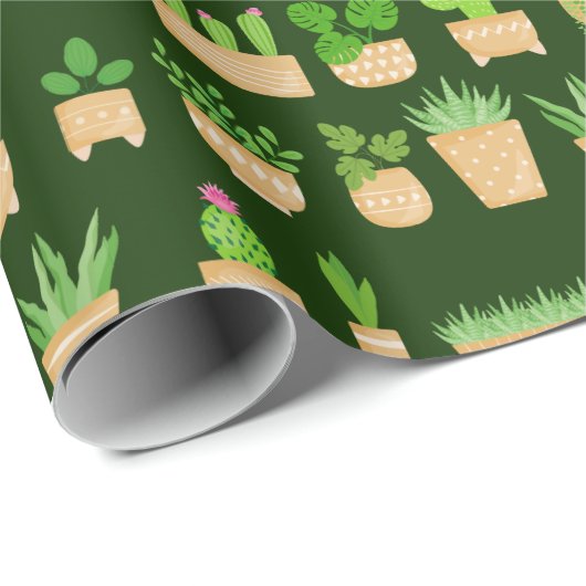 House Planten Cactus on Dark Green Wrapping Paper Cadeaupapier (Rol Hoek)