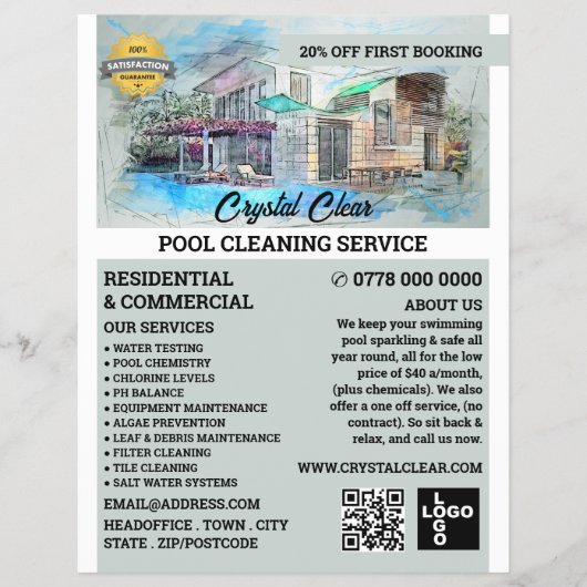 House Pool Sketch, Swimming Pool Cleaning Flyer (Voorkant)