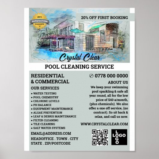 House Pool Sketch, Swimming Pool Cleaning Poster (Voorkant)