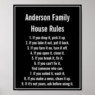 House Rules Black & White Text Family Name Poster