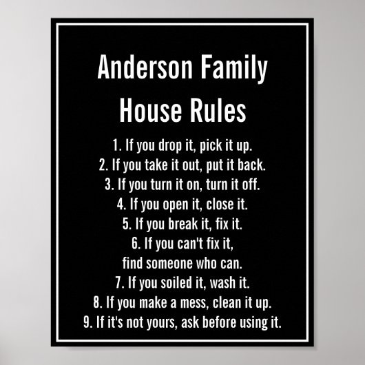 House Rules Black & White Text Family Name Poster (Voorkant)