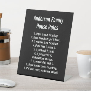 House Rules Black & White Text Family Name Reclamebord Met Voetstuk