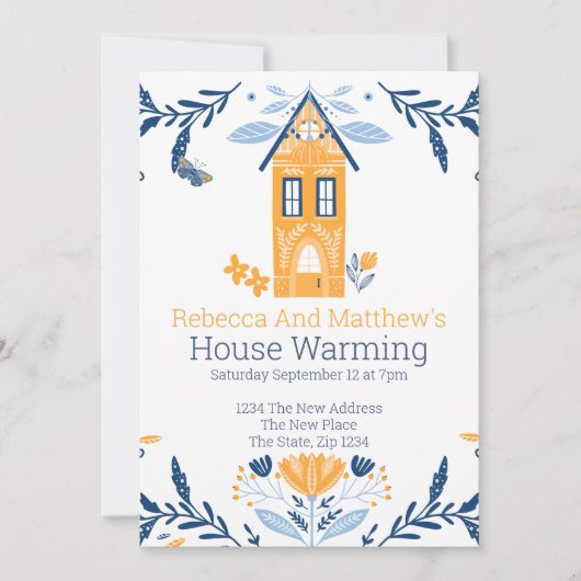 House Warming Hygge Blue Yellow House en Flowers Kaart (Voorkant)