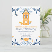 House Warming Hygge Blue Yellow House en Flowers Kaart (Staand voorkant)