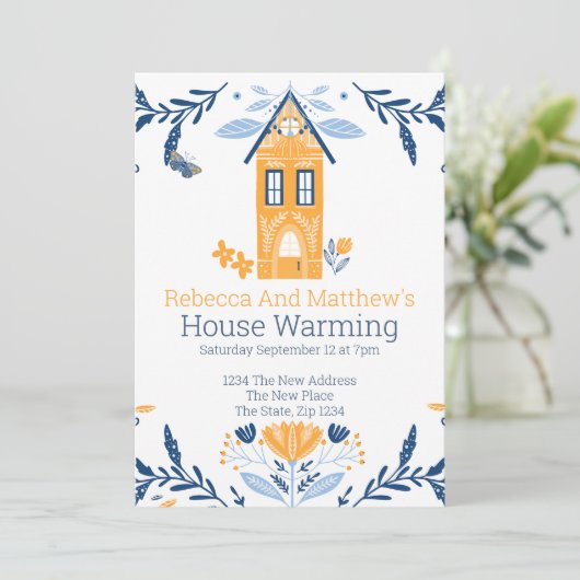House Warming Hygge Blue Yellow House en Flowers Kaart (Staand voorkant)