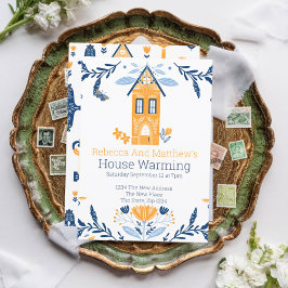 House Warming Hygge Blue Yellow House en Flowers Kaart