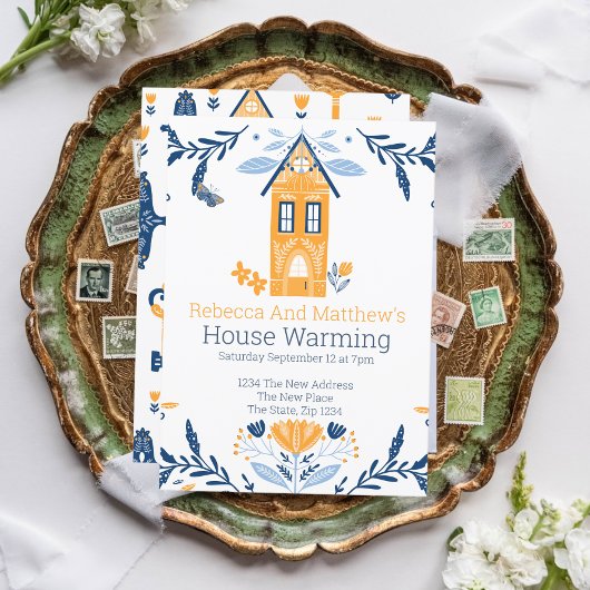 House Warming Hygge Blue Yellow House en Flowers Kaart