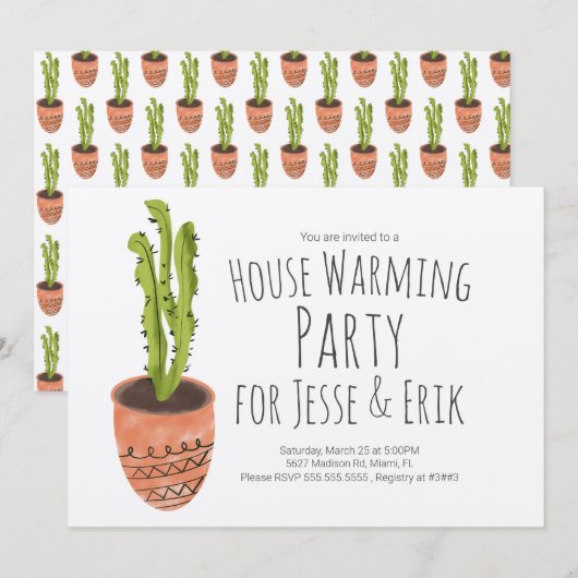 House Warming Party Cactus Plant Hand getekend Kaart (Voorkant / Achterkant)