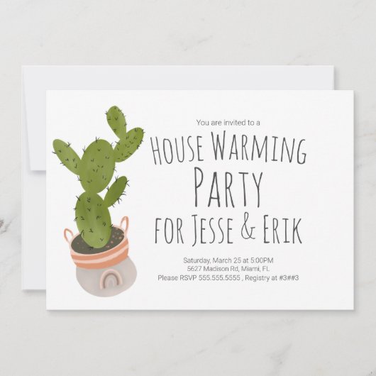 House Warming Party Cactus Plant Pot Hand getekend Kaart (Voorkant)