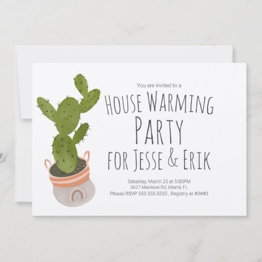 House Warming Party Cactus Plant Pot Hand getekend Kaart (Voorkant)