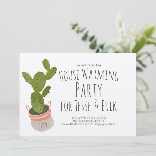 House Warming Party Cactus Plant Pot Hand getekend Kaart (Staand voorkant)