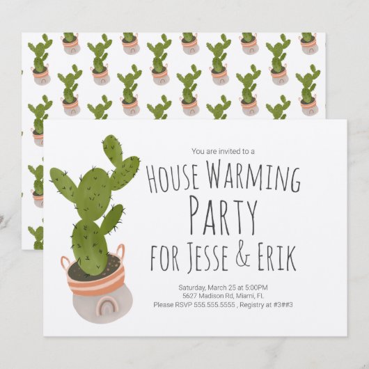 House Warming Party Cactus Plant Pot Hand getekend Kaart (Voorkant / Achterkant)