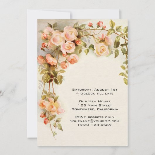 housewarming, Antiek roze rozenbloemen Kaart (Achterkant)