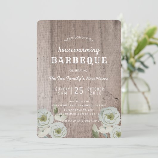 Housewarming Barbeque BBQ Party Hout Uitnodiging (Staand voorkant)