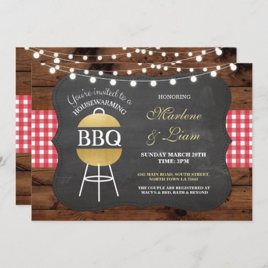 Housewarming BBQ Gold Rustic New Home Uitnodiging (Voorkant / Achterkant)