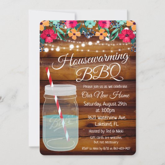 Housewarming BBQ Mason Jar Uitnodiging (Voorkant)
