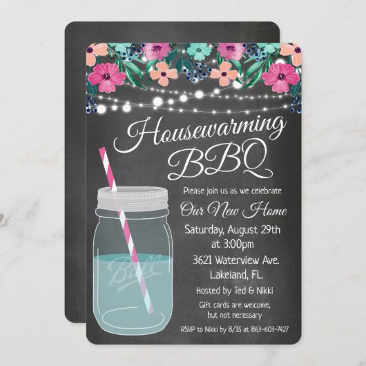 Housewarming BBQ Mason Jar Uitnodiging (Voorkant / Achterkant)