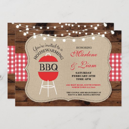 Housewarming BBQ Red Rustic New Home Uitnodiging (Voorkant / Achterkant)