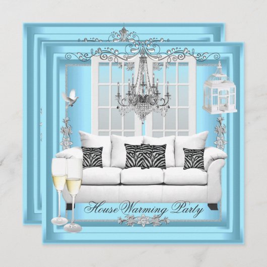 HouseWarming Blauwgroen Blue White Champagne Chand Kaart (Voorkant / Achterkant)