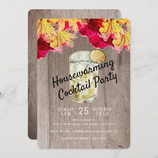 Housewarming Cocktail Party Herfst Wood Invitation Kaart (Voorkant / Achterkant)