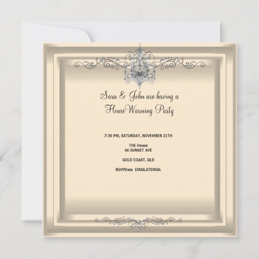 HouseWarming Cream White Champagne Chandelier Kaart (Achterkant)