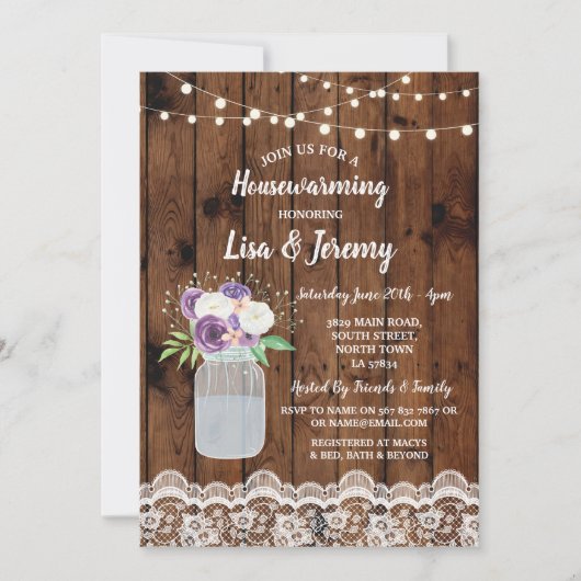 Housewarming Invite Rustic Wood Lace Floral Jar Kaart (Voorkant)
