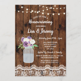 Housewarming Invite Rustic Wood Lace Floral Jar Kaart