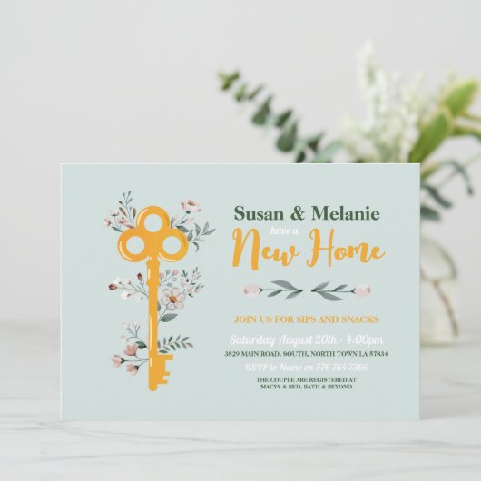 Housewarming Nieuw Huis Sleutel Bloemen Mint Kaart (Staand voorkant)