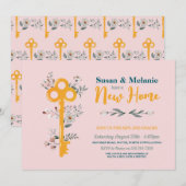 Housewarming Nieuw Huis Sleutel Bloemen Roze Kaart (Voorkant / Achterkant)