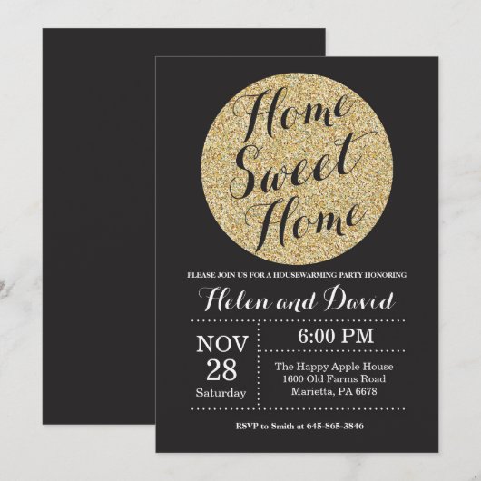 Housewarming Party Black Gold Glitter Uitnodiging (Voorkant / Achterkant)