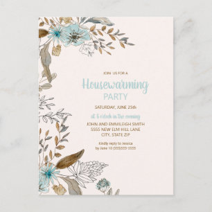 Housewarming Party Blauw Bruine Bloemen Bladeren B Briefkaart