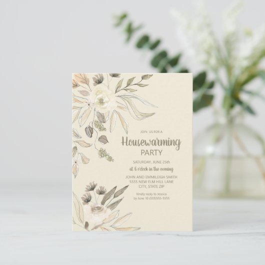 Housewarming Party Cream Brown Waterverf Floral Briefkaart (Staand voorkant)