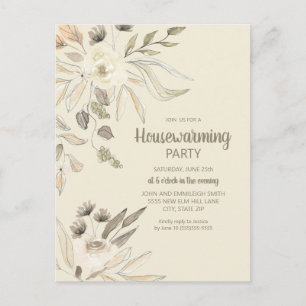 Housewarming Party Cream Brown Waterverf Floral Briefkaart