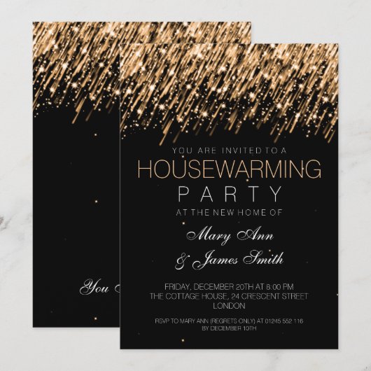 Housewarming Party Gold Falling Stars Kaart (Voorkant / Achterkant)