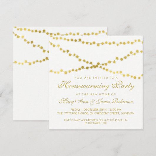 Housewarming Party Gold Ggloed String Lights Kaart (Voorkant / Achterkant)