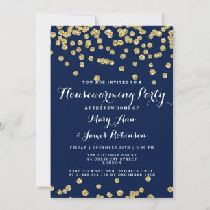 Housewarming Party Gold Glitter Confetti Navy Blue Kaart