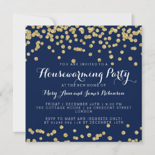 Housewarming Party Gold Glitter Confetti Navy Blue Kaart