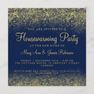 Housewarming Party Gold Glitter Dust Navy Blue Kaart