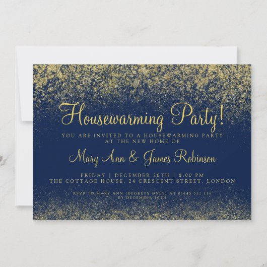 Housewarming Party Gold Glitter Dust Navy Blue Kaart (Voorkant)