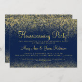Housewarming Party Gold Glitter Dust Navy Blue Kaart (Voorkant / Achterkant)