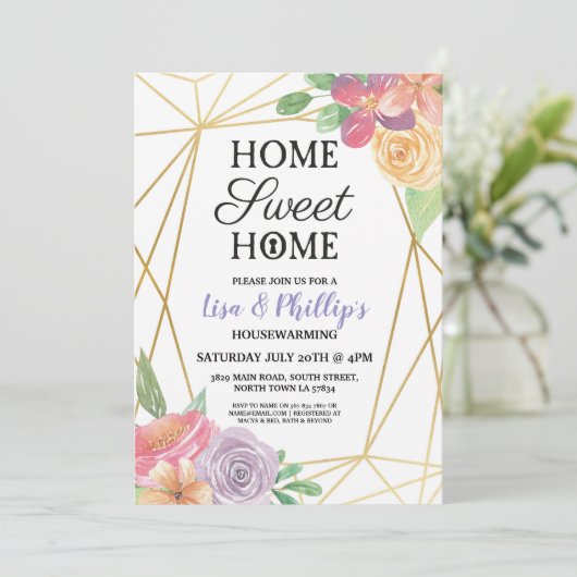 Housewarming Party Gold Lijst Summer Floral Invite Kaart (Staand voorkant)